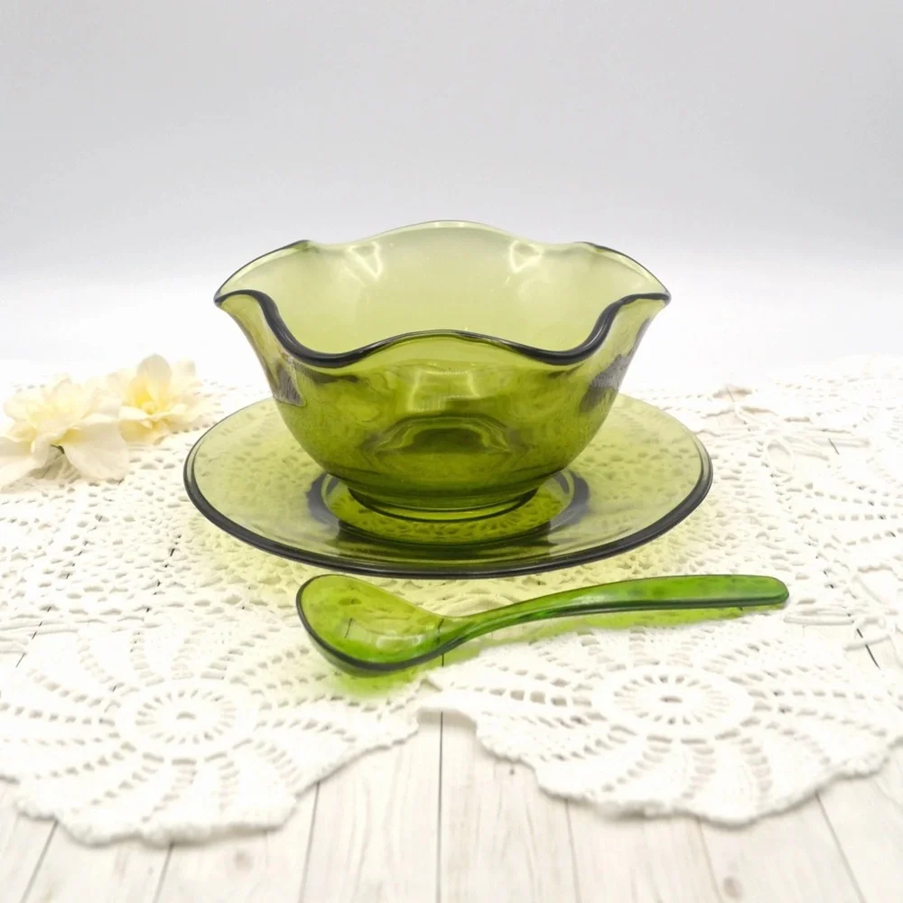 Vintage 70s Green Glass Bowl Plate Serving Spoon Set 1970s Fluted Ribbon Rim MCM